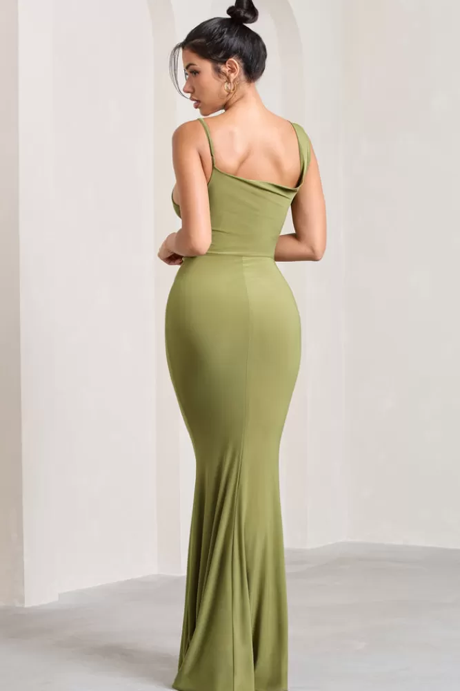 Club L London Phantasy | Asymmetric Neckline Cowl Maxi Dress OLIVE Online