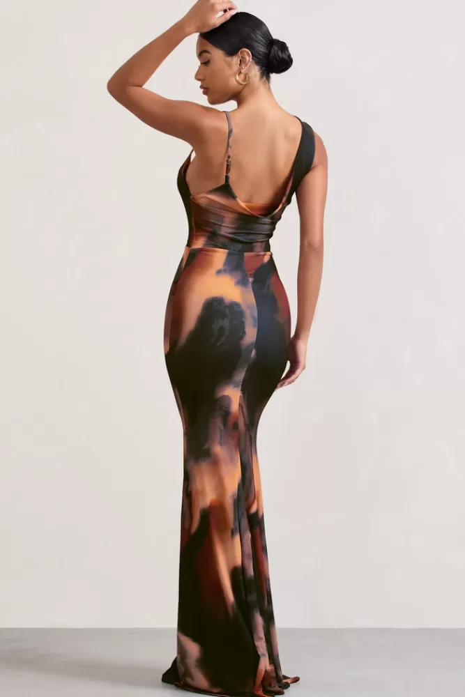 Club L London Phantasy |  Orange Smoke Print Asymmetric Neckline Cowl Maxi Dress MULTI Sale