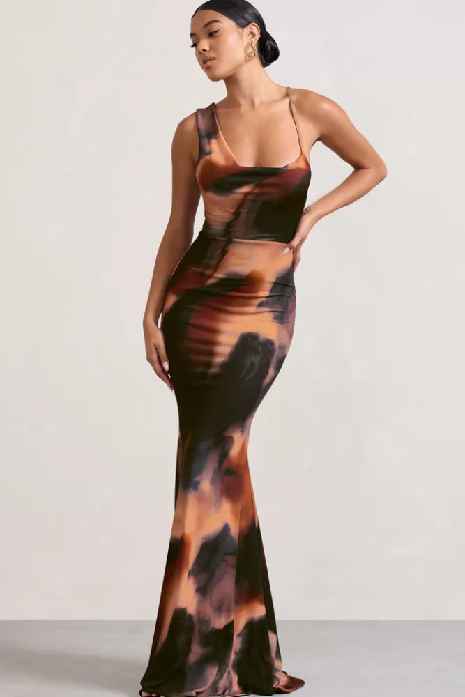 Club L London Phantasy |  Orange Smoke Print Asymmetric Neckline Cowl Maxi Dress MULTI Sale