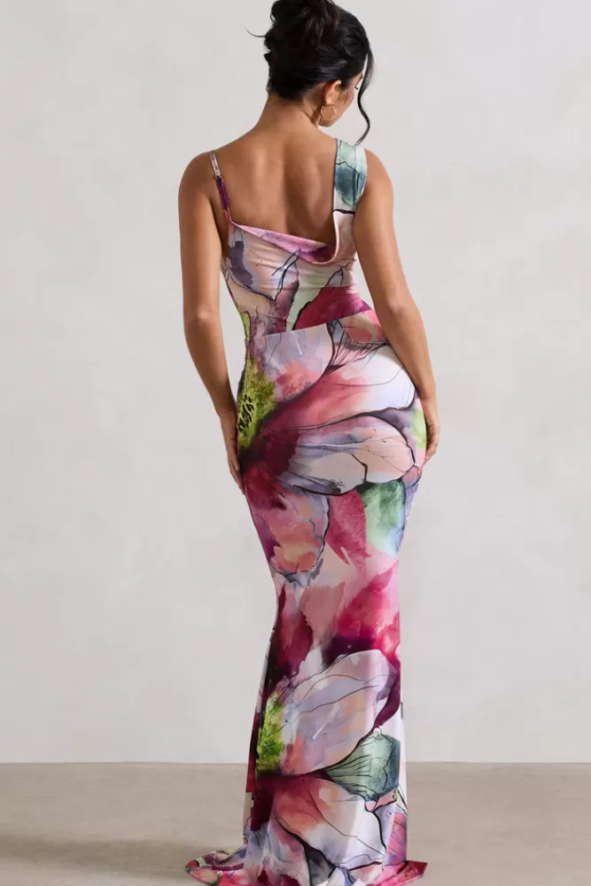 Club L London Phantasy | Pink Floral Print Asymmetric Neckline Cowl Maxi Dress MULTIFLORALPRINT Best