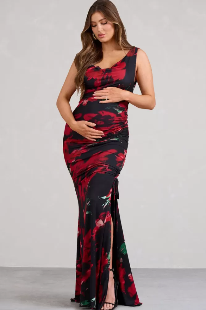 Club L London Phantasy | Red Floral Asymmetric Split Maternity Maxi Dress REDFLORAL Clearance