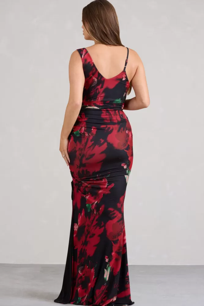 Club L London Phantasy | Red Floral Asymmetric Split Maternity Maxi Dress REDFLORAL Clearance