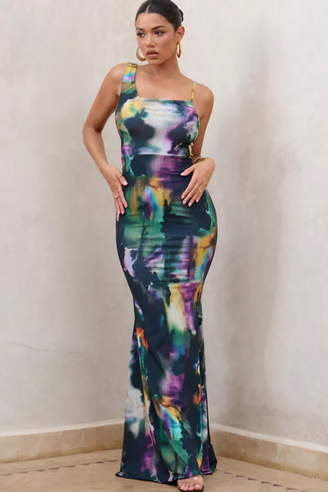 Club L London Phantasy | Watercolour Print Asymmetric Neckline Cowl Maxi Dress WATERCOLOURPRINT Outlet