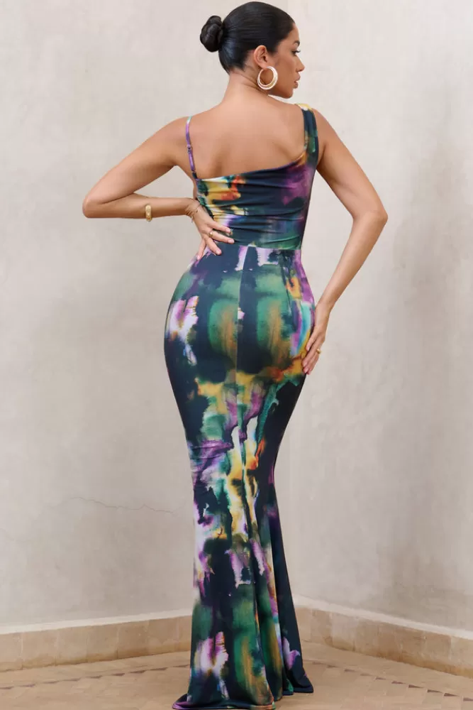 Club L London Phantasy | Watercolour Print Asymmetric Neckline Cowl Maxi Dress WATERCOLOURPRINT Outlet