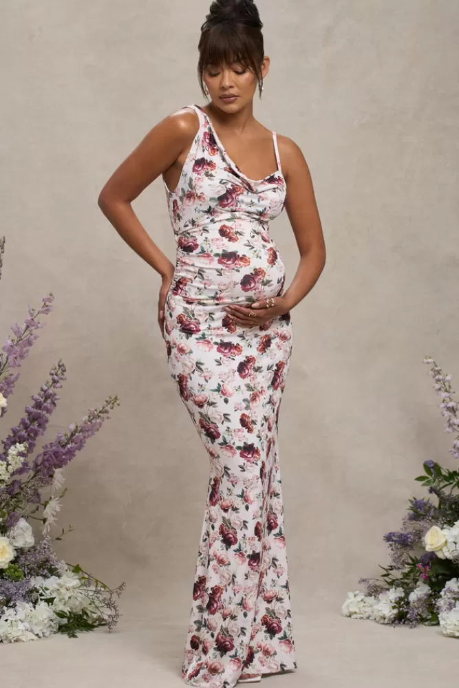 Club L London Phantasy | White Floral Maternity Cowl Neck Maxi Dress WHITEFLORAL Fashion