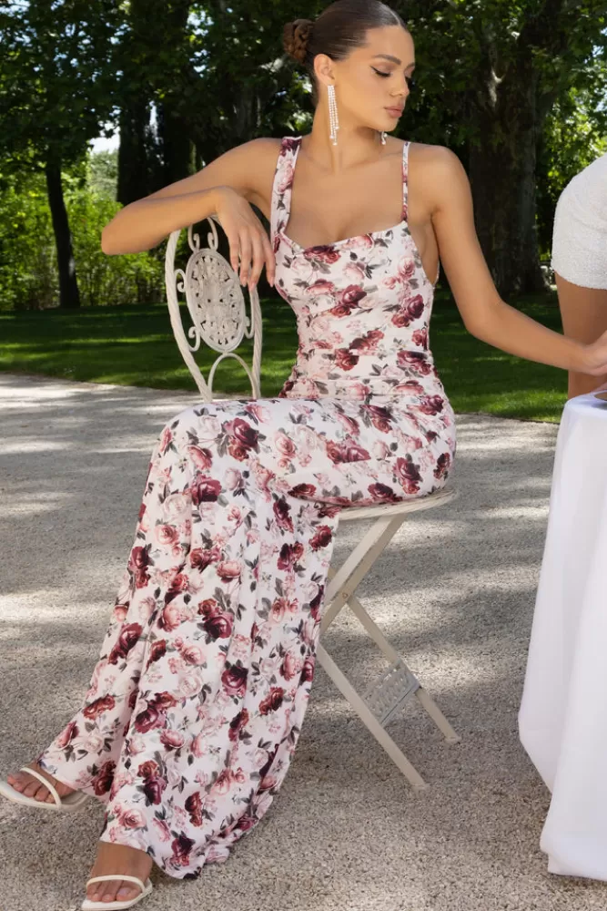 Club L London Phantasy | White Floral Print Asymmetric Neckline Cowl Maxi Dress WHITEFLORAL Shop