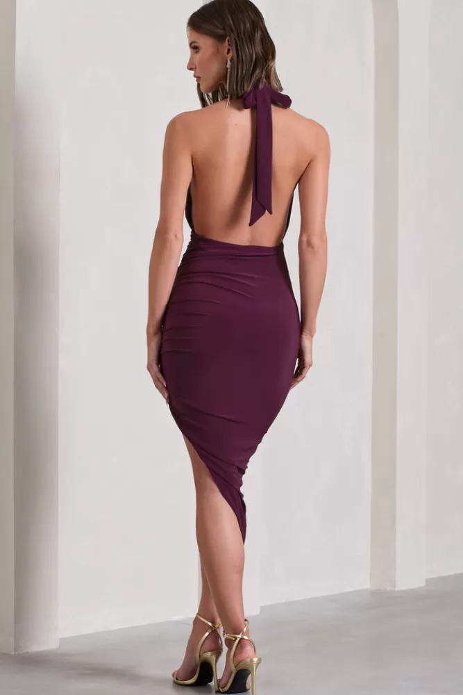 Club L London Picture This | Asymmetric Halter-Neck Backless Maxi Dress PLUM Flash Sale