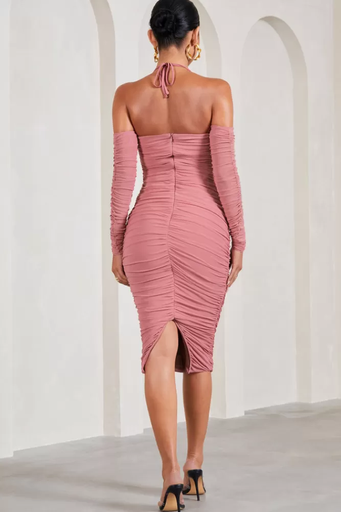 Club L London Pixie | Blush Pink Ruched Long-Sleeved Halter-Neck Maternity Midi Dress BLUSHPINK Discount