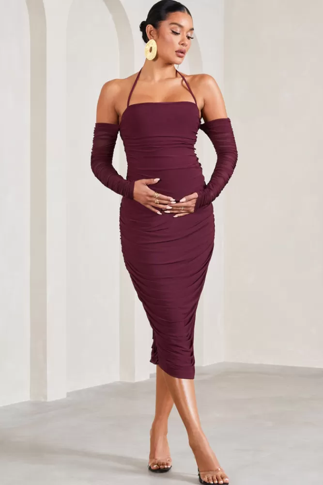 Club L London Pixie | Ruched Long-Sleeved Halter-Neck Maternity Midi Dress BURGUNDY Flash Sale