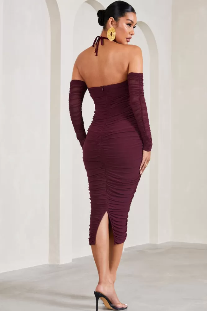 Club L London Pixie | Ruched Long-Sleeved Halter-Neck Maternity Midi Dress BURGUNDY Flash Sale