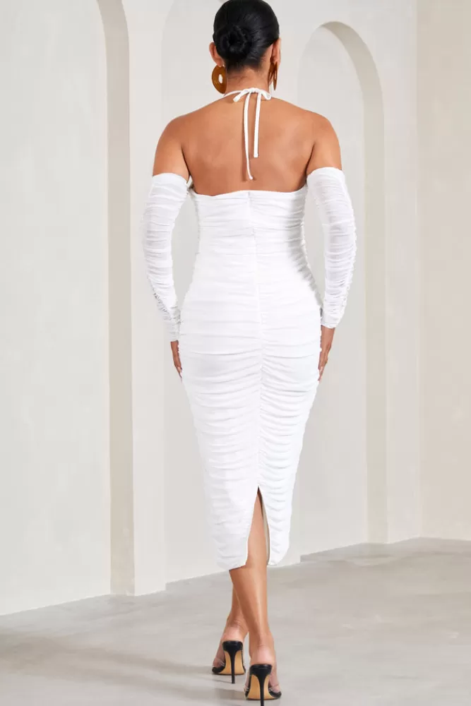 Club L London Pixie | Ruched Long-Sleeved Halter-Neck Maternity Midi Dress WHITE Best