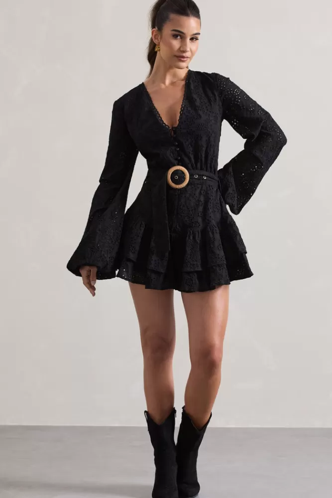 Club L London Places To Be | Broderie Belted Ruffled Playsuit BLACK Fashion