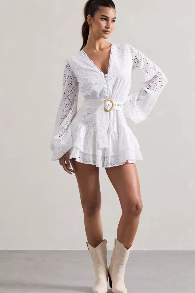 Club L London Places To Be | Broderie Belted Ruffled Playsuit WHITE Hot