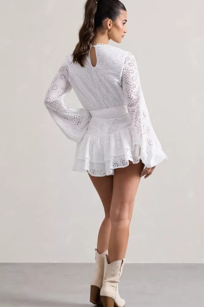 Club L London Places To Be | Broderie Belted Ruffled Playsuit WHITE Hot