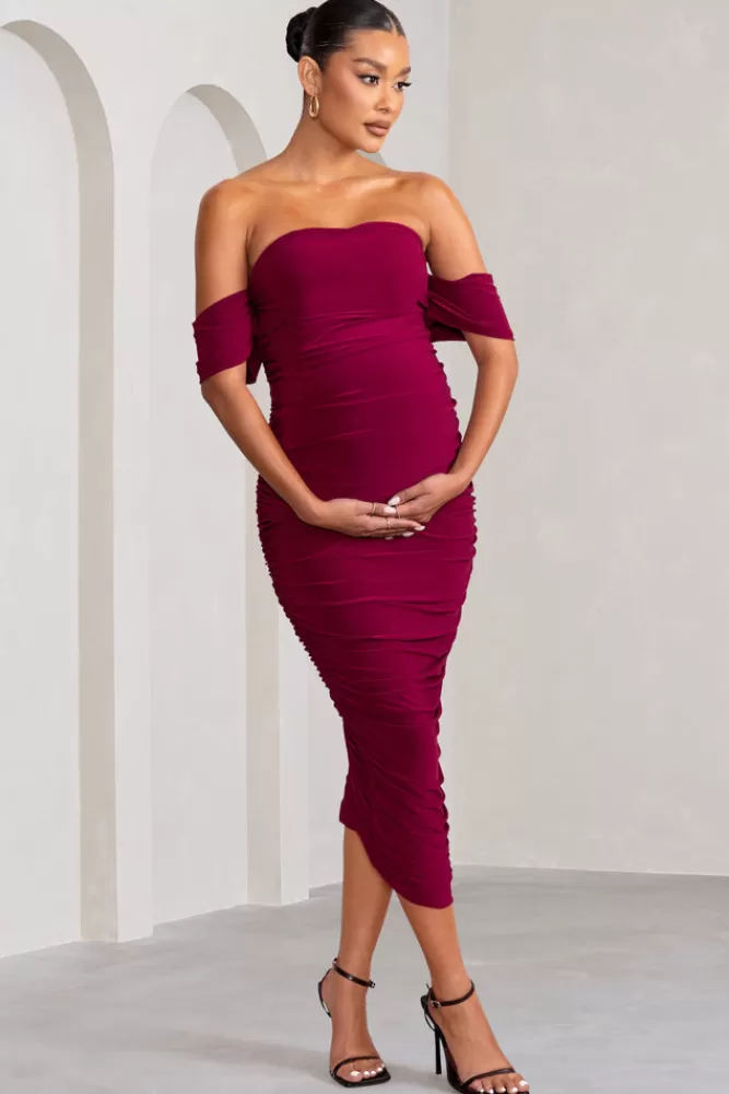 Club L London Plus One | Maternity Ruched Bardot Midi Dress Berry Discount