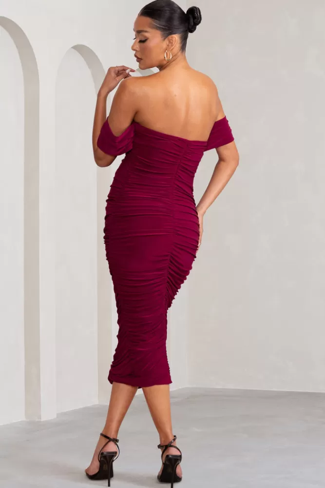 Club L London Plus One | Maternity Ruched Bardot Midi Dress Berry Discount