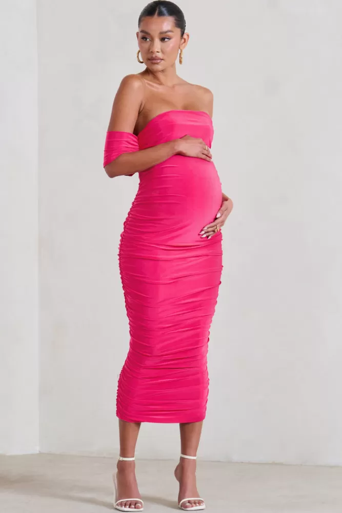 Club L London Plus One | Hot Pink Maternity Ruched Bardot Midi Dress HOTPINK Cheap