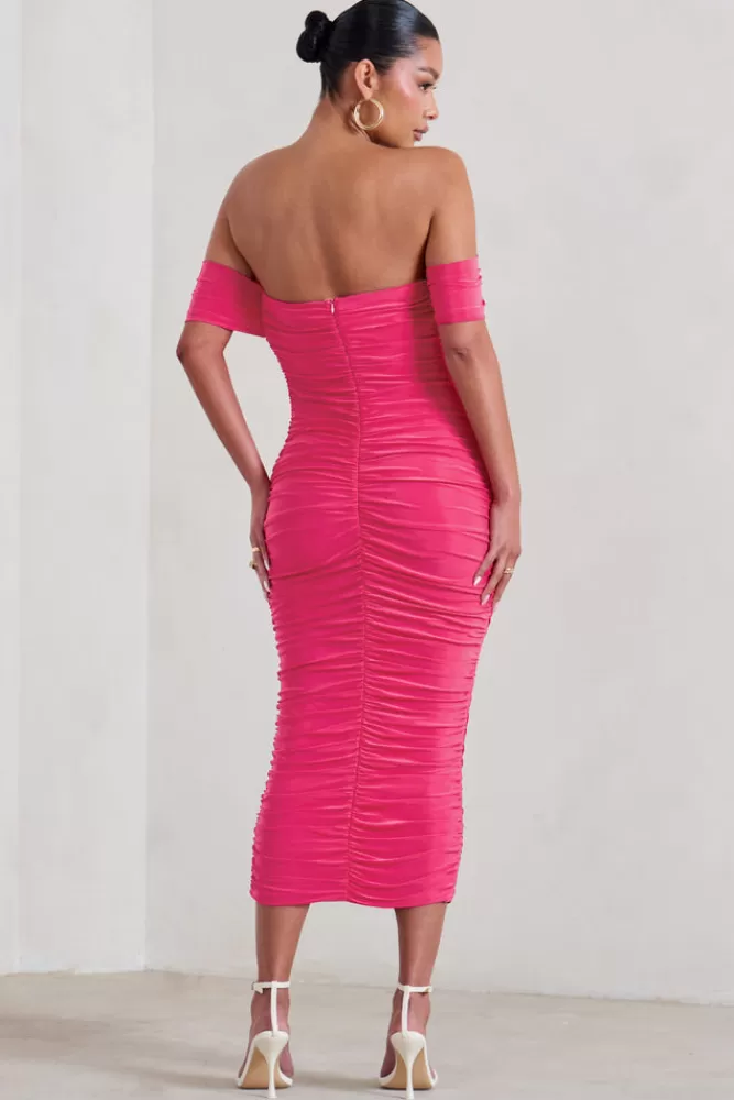 Club L London Plus One | Hot Pink Maternity Ruched Bardot Midi Dress HOTPINK Cheap