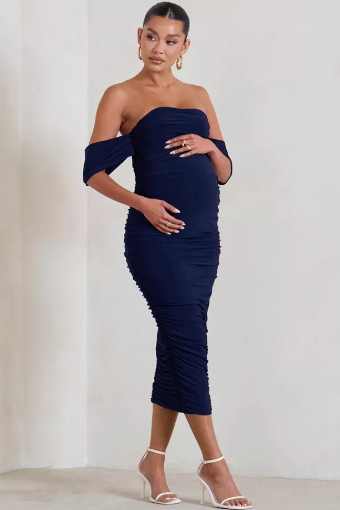 Club L London Plus One | Maternity Ruched Bardot Midi Dress NAVY Fashion