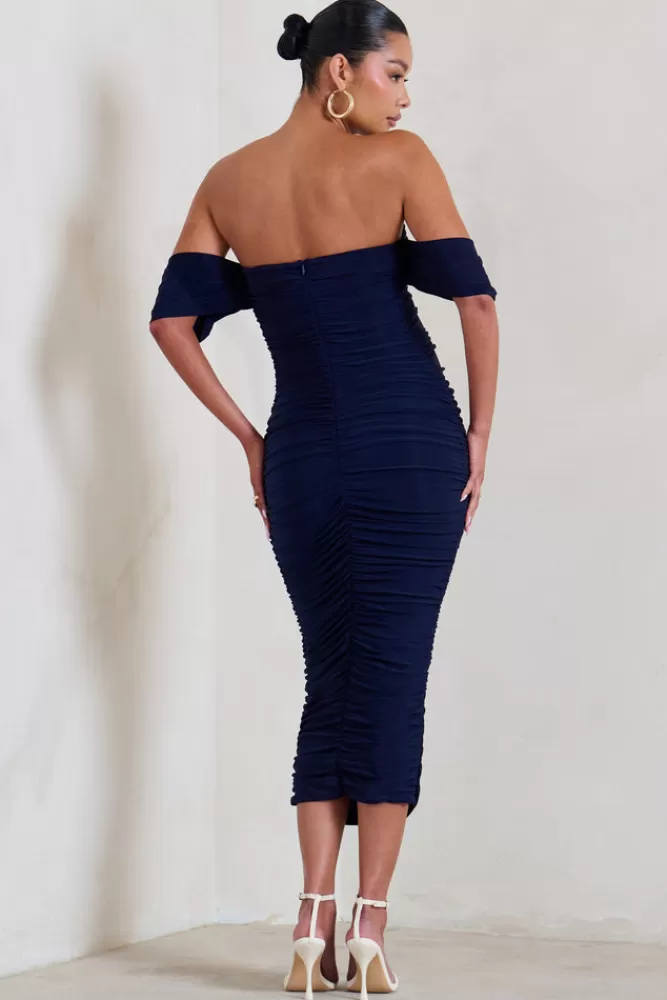 Club L London Plus One | Maternity Ruched Bardot Midi Dress NAVY Fashion