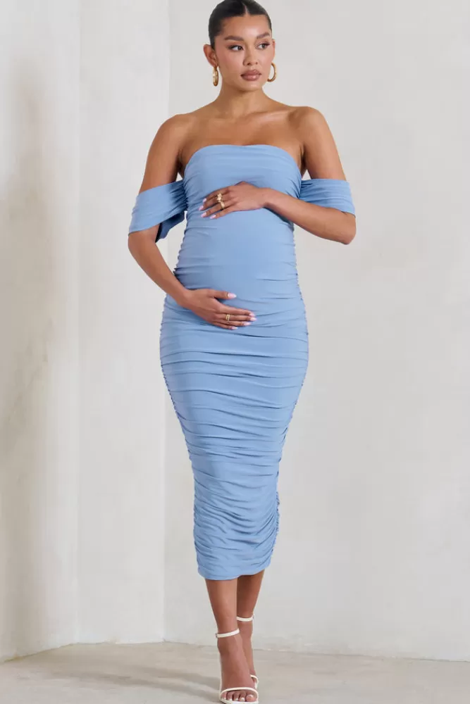 Club L London Plus One | Powder Blue Maternity Ruched Bardot Midi Dress POWDERBLUE Store