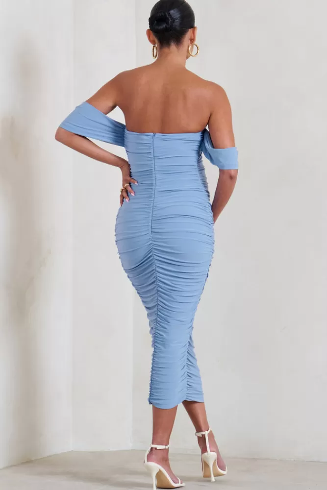 Club L London Plus One | Powder Blue Maternity Ruched Bardot Midi Dress POWDERBLUE Store