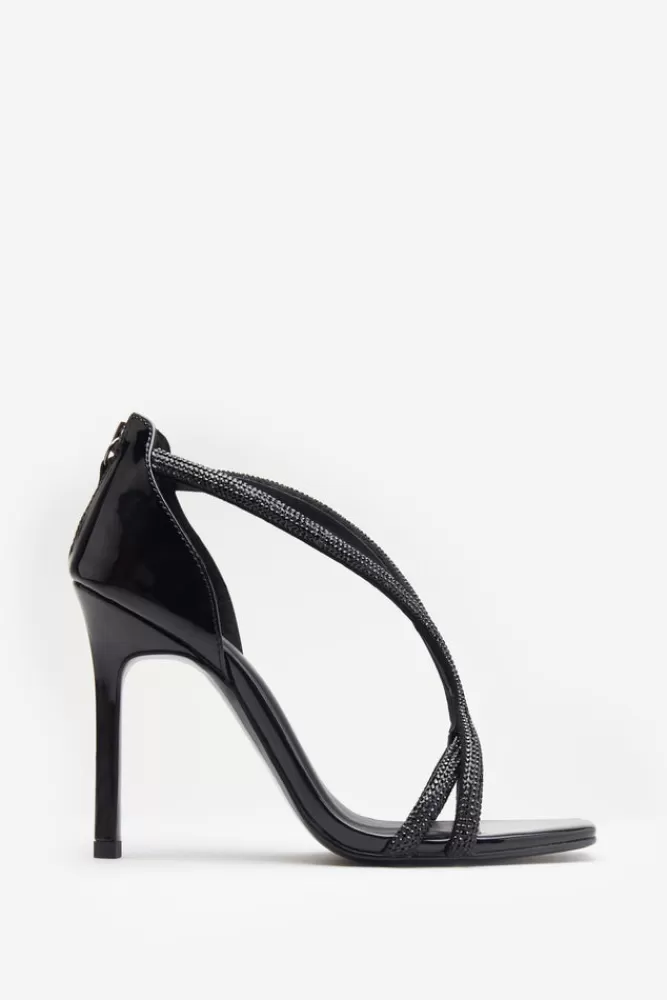 Club L London Pluto | Black Patent Diamante Heeled Sandals BLACKPATENT Cheap