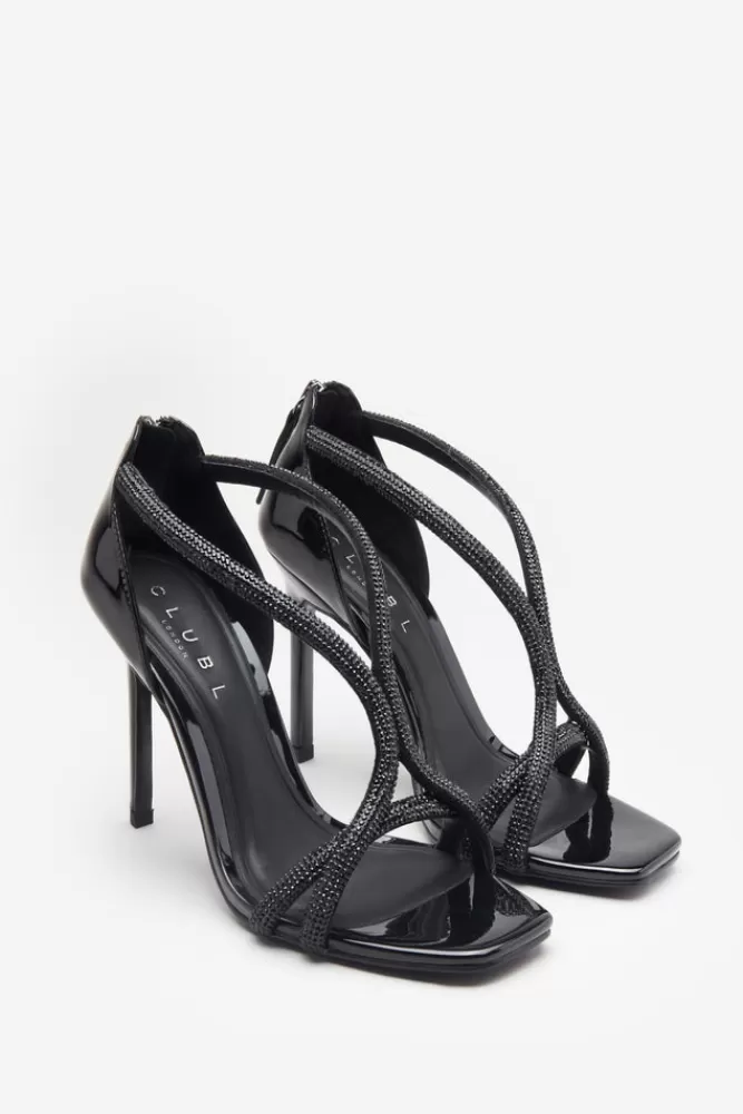 Club L London Pluto | Black Patent Diamante Heeled Sandals BLACKPATENT Cheap