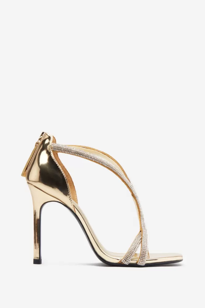 Club L London Pluto | Gold Metallic Diamante Heeled Sandals GOLDMIRROR Hot