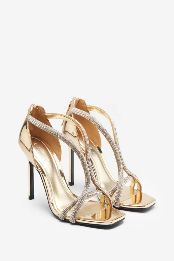 Club L London Pluto | Gold Metallic Diamante Heeled Sandals GOLDMIRROR Hot