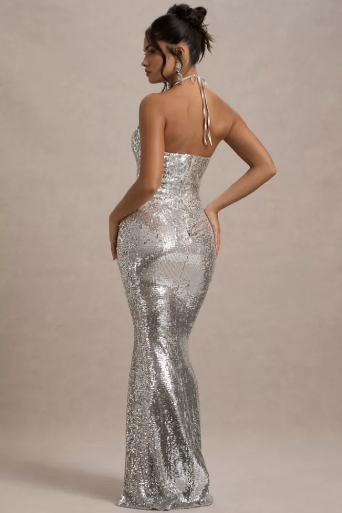 Club L London Polaris | Sequin Halter-Neck Cut-Out Split Maxi Dress SILVER Best