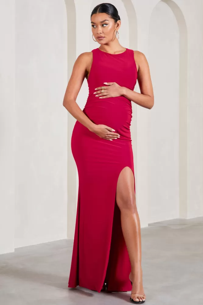 Club L London Pollie | Cowl-Back Split Maternity Maxi Dress RED Clearance