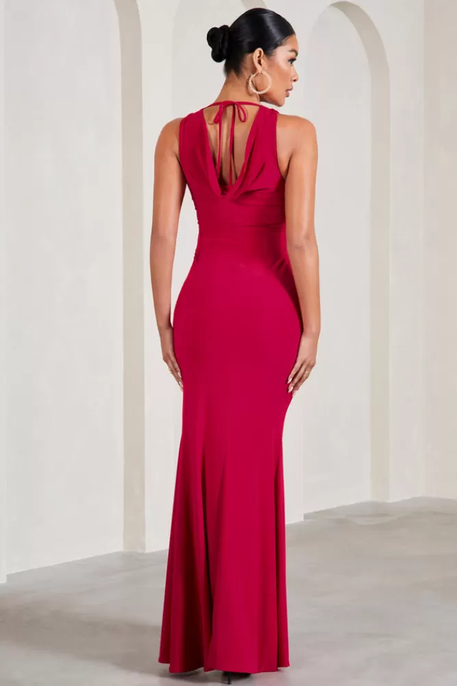 Club L London Pollie | Cowl-Back Split Maternity Maxi Dress RED Clearance