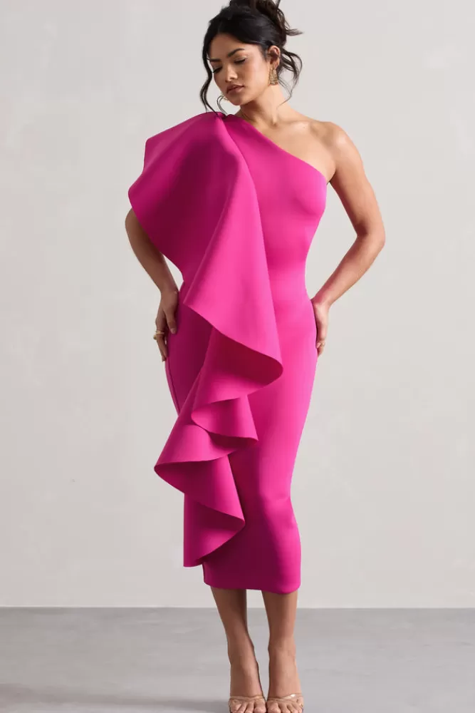 Club L London Polo | Dark Pink One Shoulder Bodycon Midi Dress With Ruffle BOUDOIRRED Flash Sale