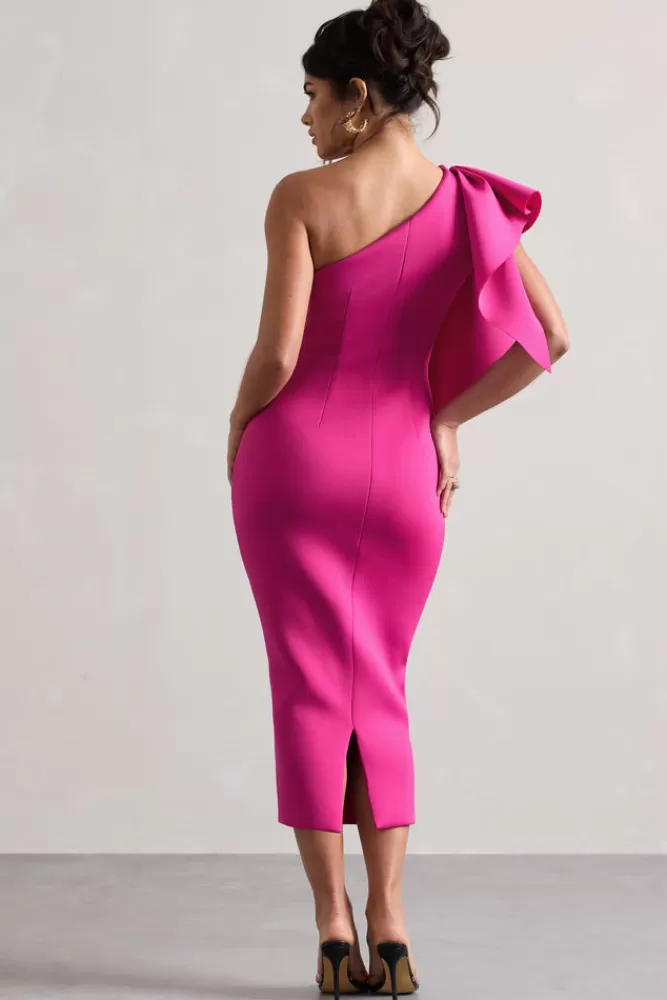 Club L London Polo | Dark Pink One Shoulder Bodycon Midi Dress With Ruffle BOUDOIRRED Flash Sale