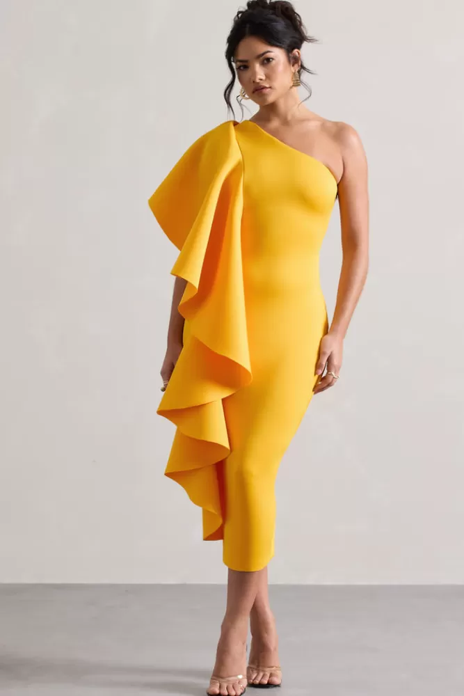 Club L London Polo | Mango One Shoulder Bodycon Midi Dress With Ruffle MANGOYELLOW Outlet