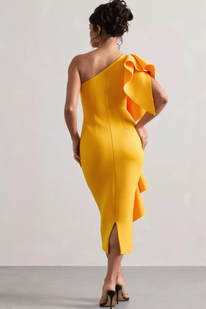 Club L London Polo | Mango One Shoulder Bodycon Midi Dress With Ruffle MANGOYELLOW Outlet