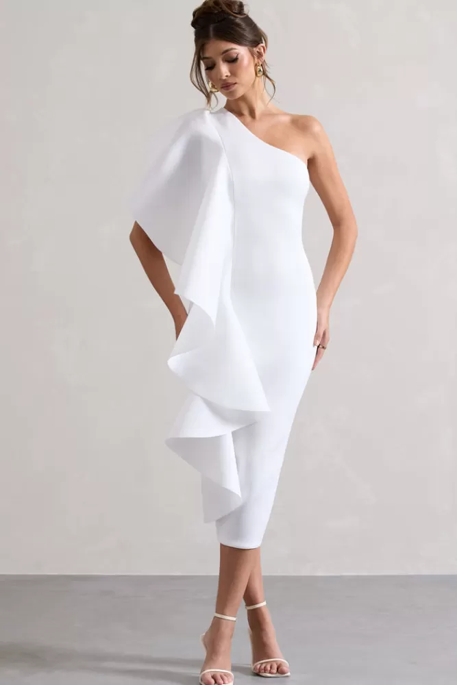 Club L London Polo | One Shoulder Bodycon Midi Dress With Ruffle WHITE Best