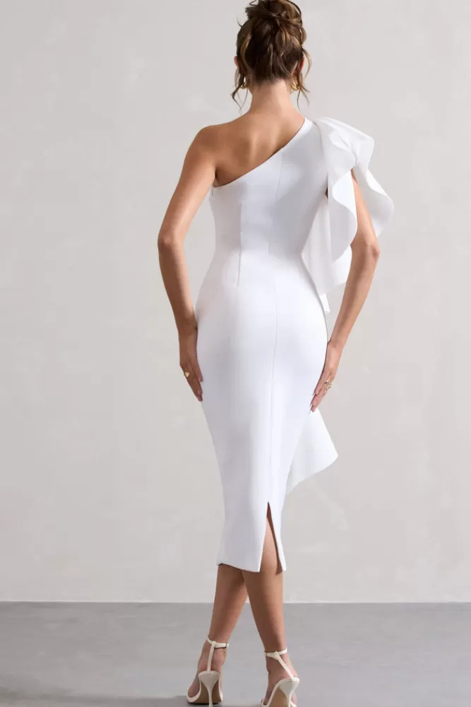 Club L London Polo | One Shoulder Bodycon Midi Dress With Ruffle WHITE Best