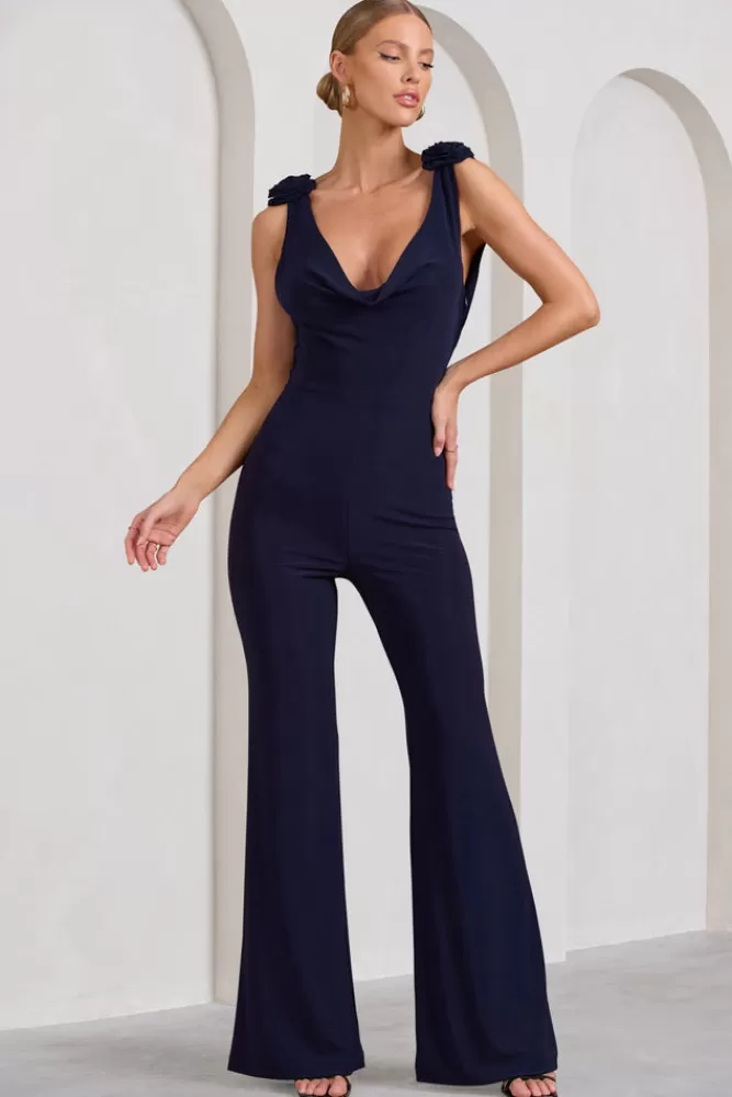 Club L London Posy | Cowl-Neck Jumpsuit With Corsages And Lace Detail NAVY Clearance