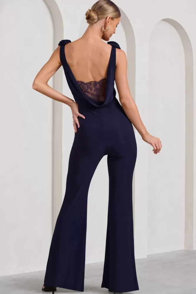 Club L London Posy | Cowl-Neck Jumpsuit With Corsages And Lace Detail NAVY Clearance