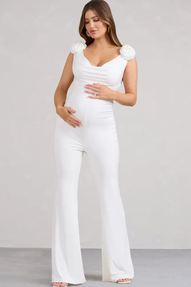 Club L London Posy | Maternity Cowl Jumpsuit With Flower Design WHITE Cheap