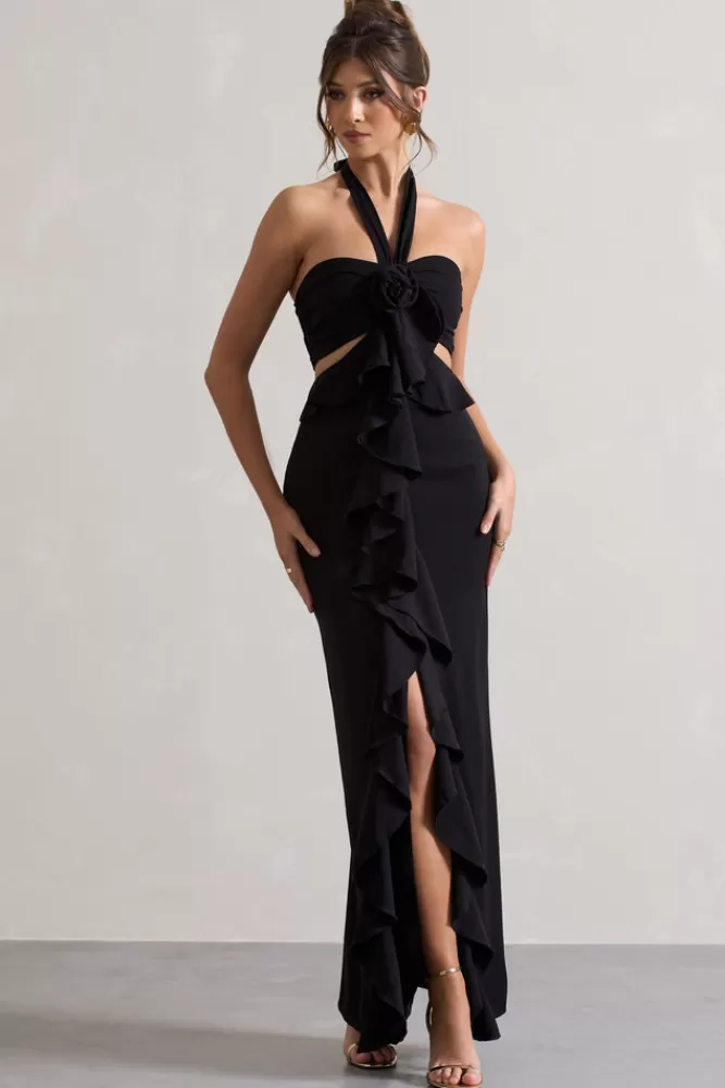 Club L London Powerful | Cut-Out Halter-Neck Maxi Dress With Flower u0026 Ruffles BLACK Cheap