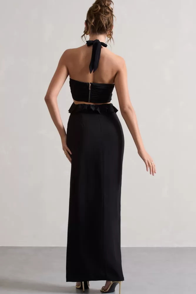 Club L London Powerful | Cut-Out Halter-Neck Maxi Dress With Flower u0026 Ruffles BLACK Cheap