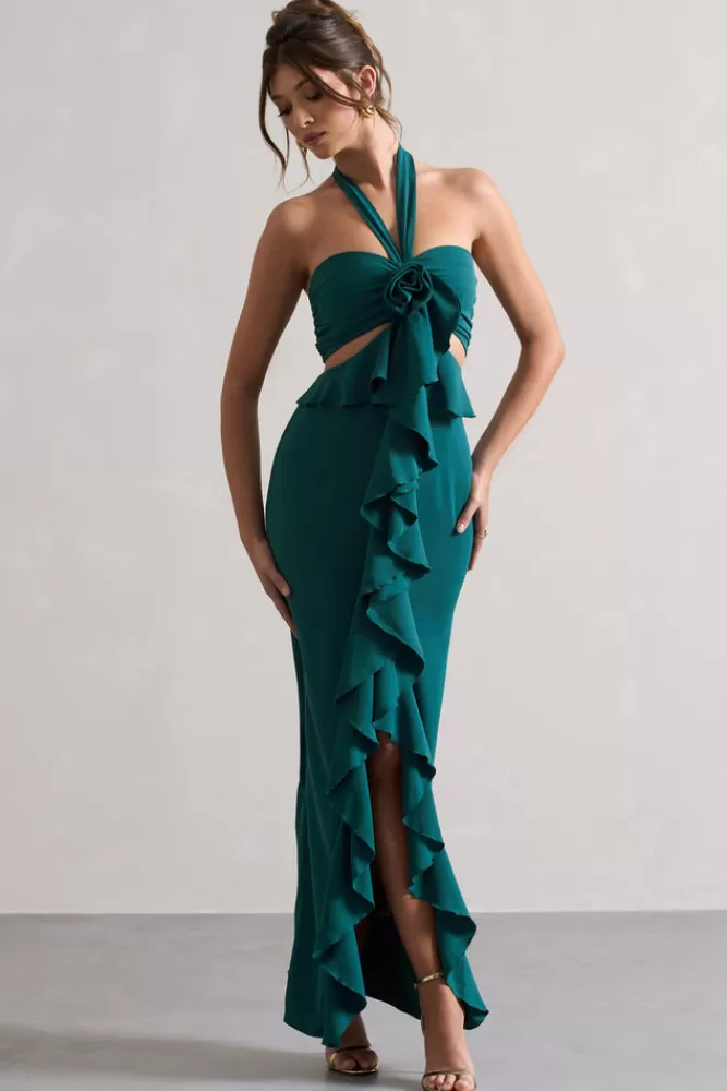 Club L London Powerful | Blue Cut-Out Halter-Neck Maxi Dress With Flower u0026 Ruffles PETROL Cheap
