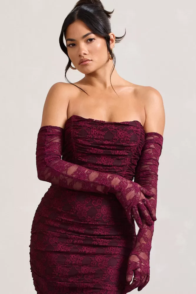 Club L London Prego | Lace Long Ruched Gloves BURGUNDY Flash Sale