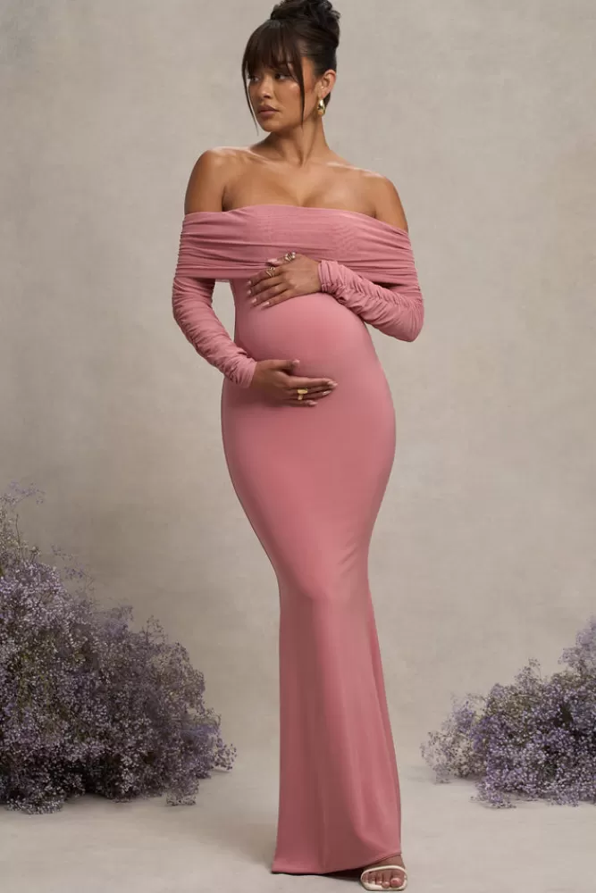 Club L London Pretty Perfect | Blush Pink Maternity Ruched Mesh Bardot Maxi Dress BLUSHPINK Cheap
