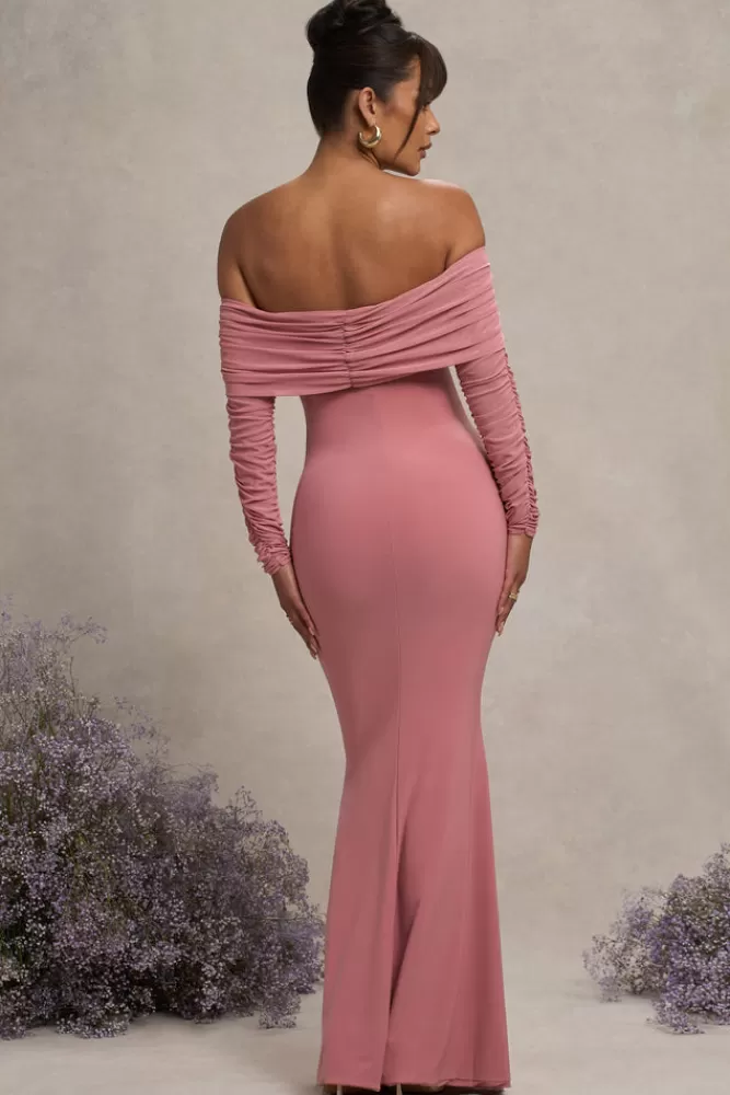 Club L London Pretty Perfect | Blush Pink Maternity Ruched Mesh Bardot Maxi Dress BLUSHPINK Cheap