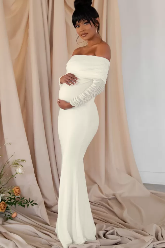 Club L London Pretty Perfect | Maternity Ruched Mesh Bardot Maxi Dress White Outlet