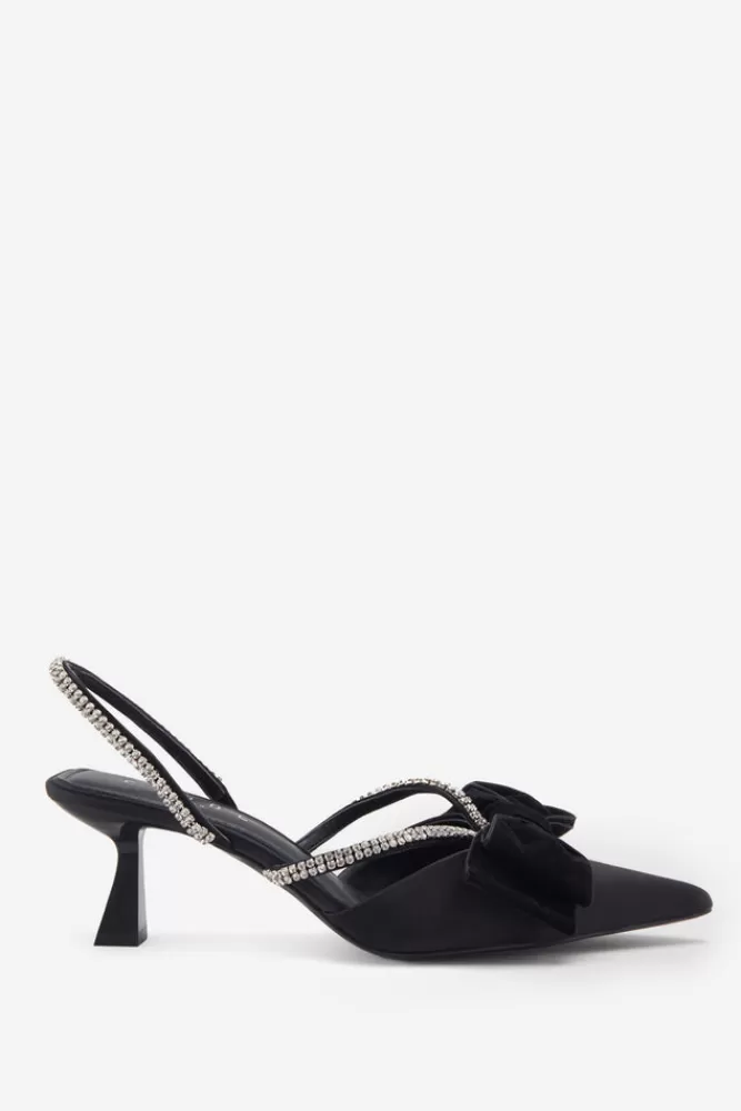 Club L London Pretty u0026 Poised | Black Diamante Strap Sling Back Kitten Heels With Bows BLACKSATIN New